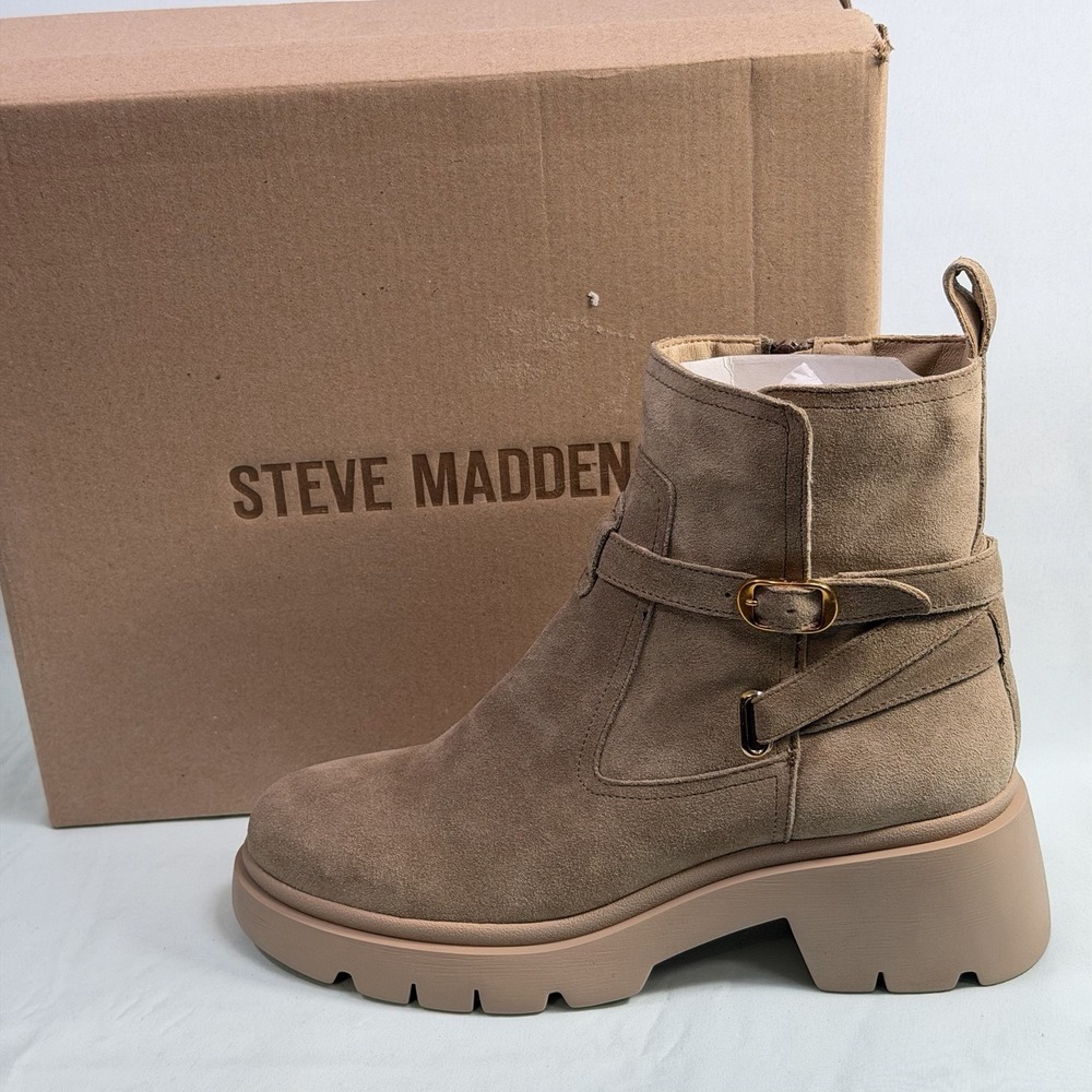Steve Madden Size-10M Womens Ankle Booties Coletta Lug Sole Suede Leather Taupe